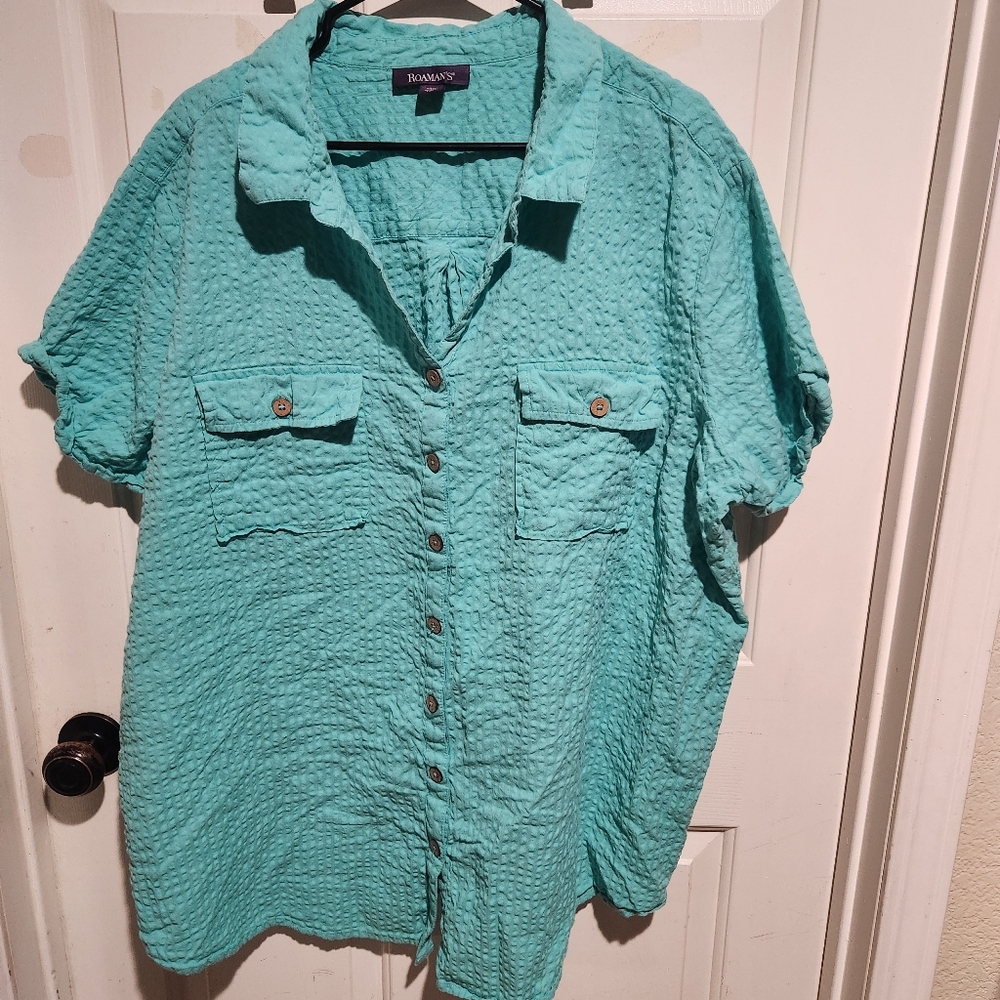 Roamans Teal Green Gauze Cotton Button Short Sleeve Top Summer Casual 30W